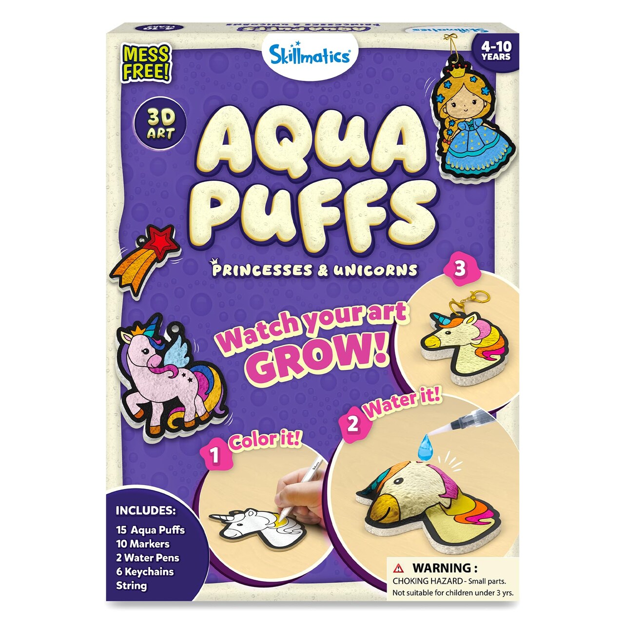 Aqua Puffs - 3D Art Kit, Princesses & Unicorns, Mess-Free Paint by Number Craft, DIY Color & Inflate Activity, Creative Gift for Girls & Boys Ages 4, 5, 6, 7, 8, 9, 10